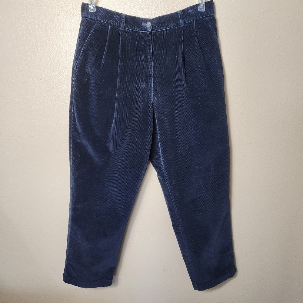 L.L. Bean Womens Petite Navy High Rise Pleated Corduroy Pants-Size 12P